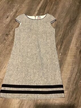 Gray Knit Cap-Sleeve Girls' Dress with Black Stripes